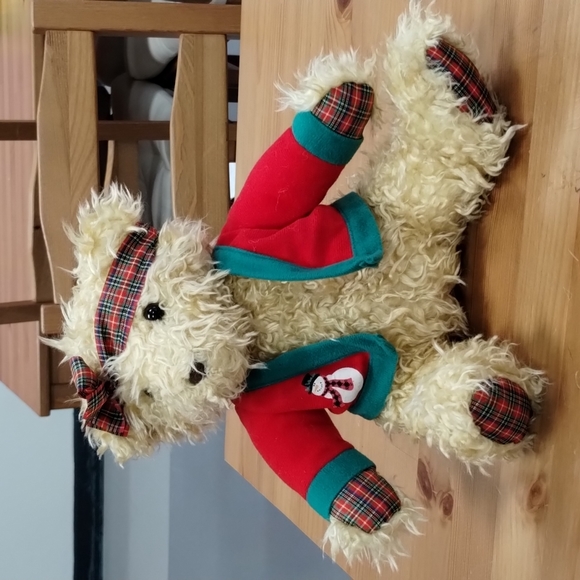 ✓VTG Hallmark Christmas Stuffed Merrily Bear w/ Snowman Coat + Bow Headband 11in - Picture 3 of 13